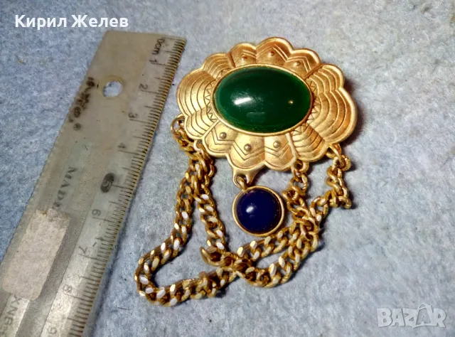 СТАРА АР ДЕКО СТИЛ ПОЗЛАТЕНА БРОШКА с ШЛИФОВАН ЗЕЛЕН АХАТ МАЙСТОРСКА РЕТРО ИЗРАБОТКА 48843, снимка 10 - Антикварни и старинни предмети - 48160266