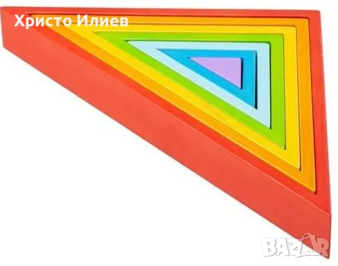 Дървен конструктор Пъзел Цветни триъгълници за подреждане Монтесори, снимка 5 - Образователни игри - 47592669