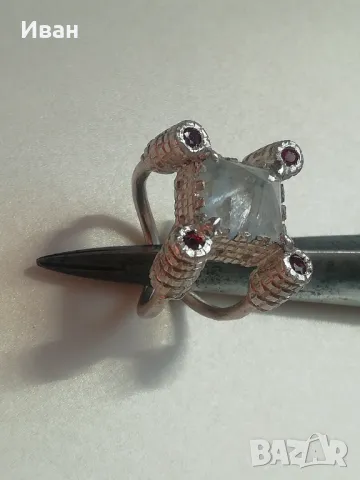 Сребърен пръстен със Сапфир и Рубини , снимка 4 - Пръстени - 45836746