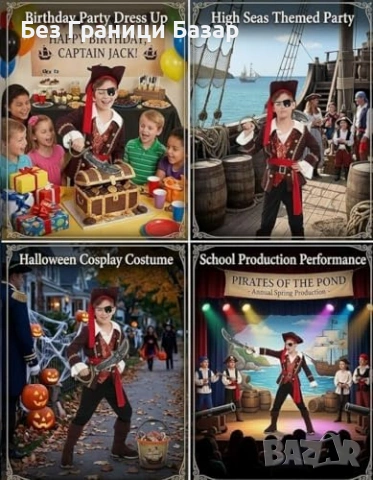 Нов Детски пиратски костюм 10 части шапка меч аксесоари за 4/5 годишно дете, снимка 2 - Други - 54106314