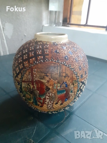 Стара ваза буркан порцелан Сатцума Satsuma маркировка, снимка 2 - Антикварни и старинни предмети - 53313081