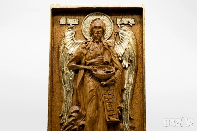 Позлатена релефна икона на Свети Йоан Кръстител от дъб, снимка 5 - Икони - 53224111