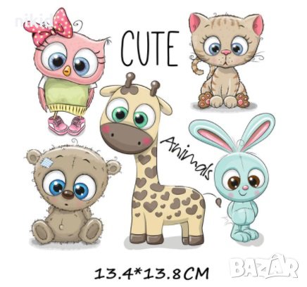 5 сладки животни жираф коте зайче мече бухал щампа термо апликация картинка за дреха блуза чанта