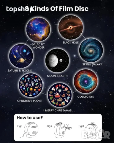 НОВ галактически проектор MERTTURM, Планетен проектор с допълнителен лазарен звезден ефект, снимка 9 - Плейъри, домашно кино, прожектори - 50501180