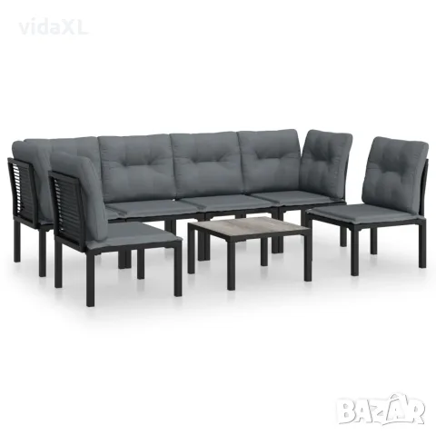 vidaXL Градински лаундж комплект от 7 части, черно и сиво, полиратан