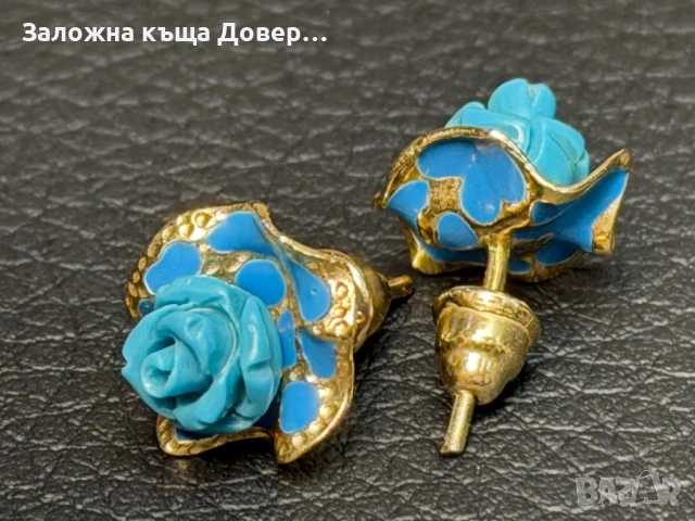 Златни обеци рози син тюркоаз  14 карата 585 zlatni obeci zlaten gold, снимка 6 - Обеци - 54240191