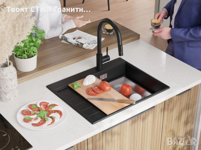 Графит гранитна кухненска мивка Сидни 620-45 Ergo Multilevel 620х500, снимка 4 - Мивки - 51918103
