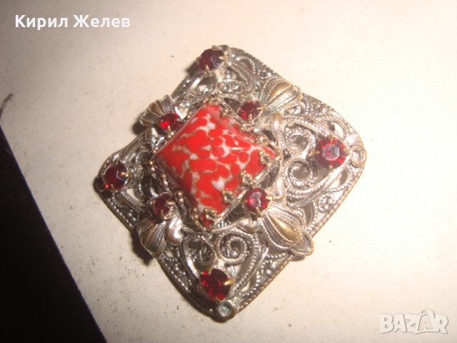 СКЪПОЦЕННА ПОСРЕБРЕНА ФИЛИГРАННА БРОШКА с КОРАЛОВ ЯСПИС и ФАСЕТИРАНИ ГРАНАТИ АРТ-ДЕКО 17641, снимка 5 - Други - 31308714