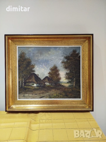 Пейзажна маслена картина върху платно с подпис  