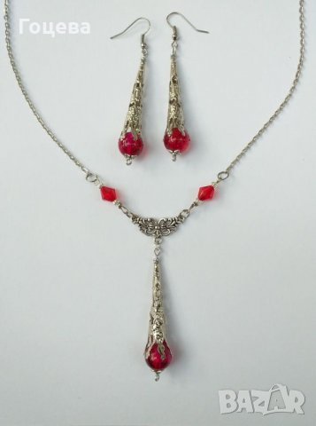Разкошен Викториански комплект колие и обеци с рубинено червени кракъл мъниста и изящни орнаменти, снимка 8 - Бижутерийни комплекти - 29920816
