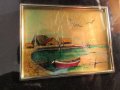 Стара златна картина - морски  залив, две лодки и чайки и с рисувано златно фолио с маркировка за з, снимка 3