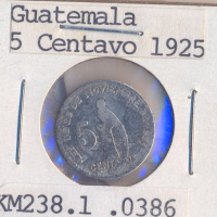 Гватемала 5 сентавос де кетцал 1925 година, сребърна, снимка 1 - Нумизматика и бонистика - 44745055