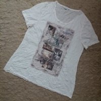 Бяла блуза с намачкан ефект и щампа с камъчета , снимка 1 - Тениски - 36843403