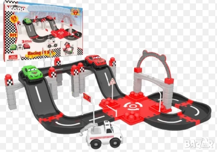 Състезателна писта гараж паркинг с две коли и камион 203000, снимка 1