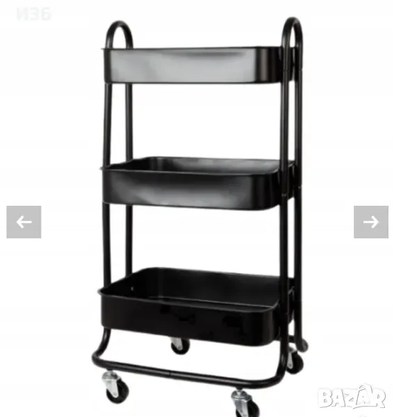 Количка с колелца, Помощен рафт, метална, черна, 3 рафта, 45x34х84см, снимка 1