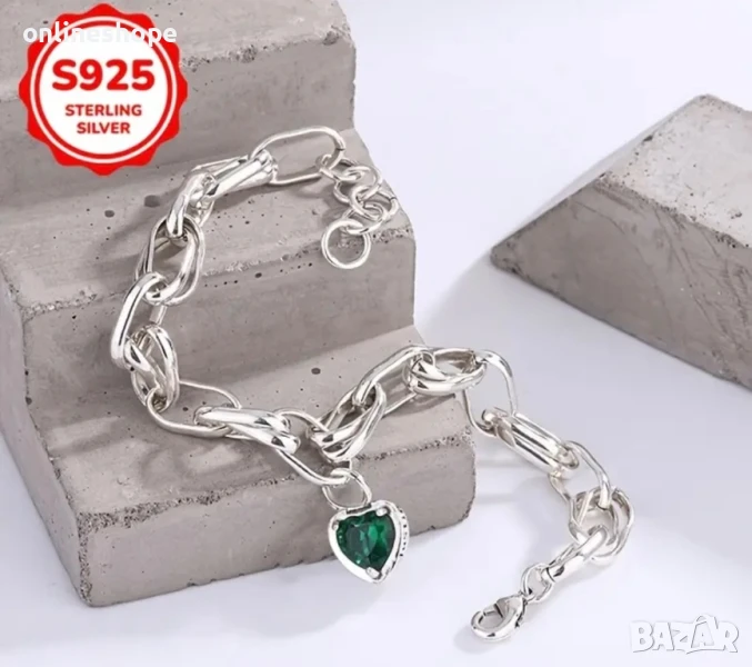 S925 Сребро / Сребърна гривна със зелен цирконий - 20см, снимка 1