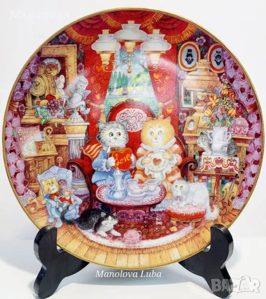 Колекционерска порцеланова чиния Wconker Wuv от серията Holiday Cat Plate на Franklin Mint., снимка 1