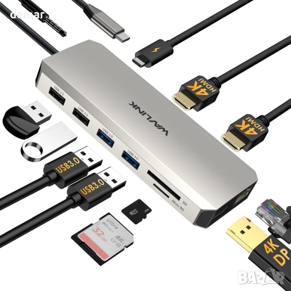 USB C докинг станция за три монитора 2 HDMI+DisplayPort, WAVLINK 100 W, снимка 1