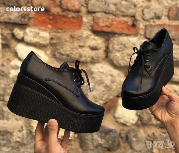 Обувки на платформа - черна кожа - 120K, снимка 1