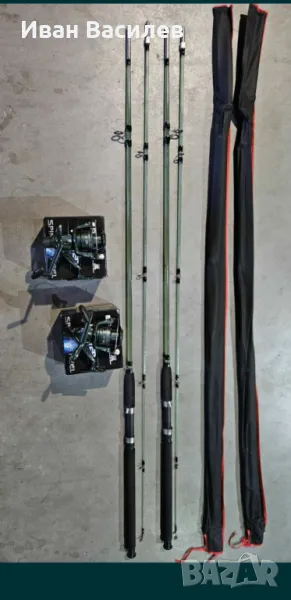 НОВИ!Две въдици 2.7м от фибростъкло плътни 100-250г дъно на две части с две макари 4000 , снимка 1