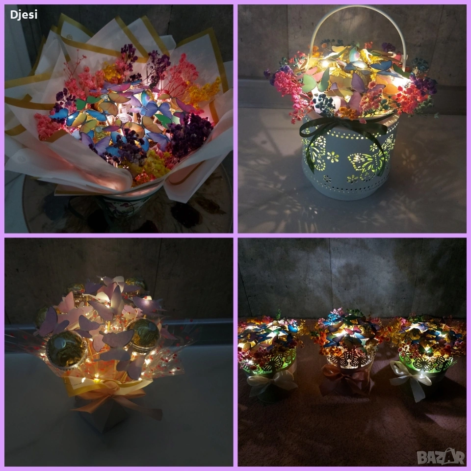 Светещ букет с пеперуди и бонбони, снимка 1