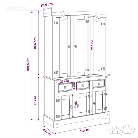 vidaXL Висок шкаф Corona, бял, 112x43x191,5 см, мексикански бор масив, снимка 10 - Бюфети - 56147354