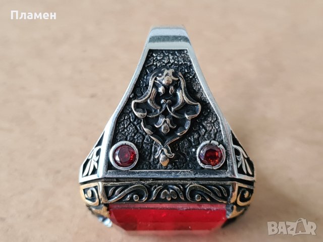 мъжки сребърен пръстен с червен камък, снимка 6 - Пръстени - 35124628