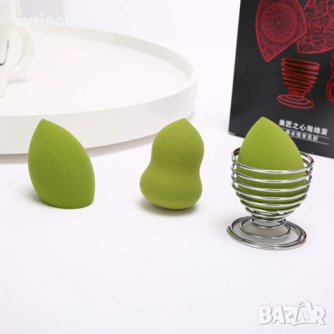 Комплект от 3 бр. тампони за нанасяне на грим по лицето с метална поставка HZS347, снимка 4 - Други - 53922507