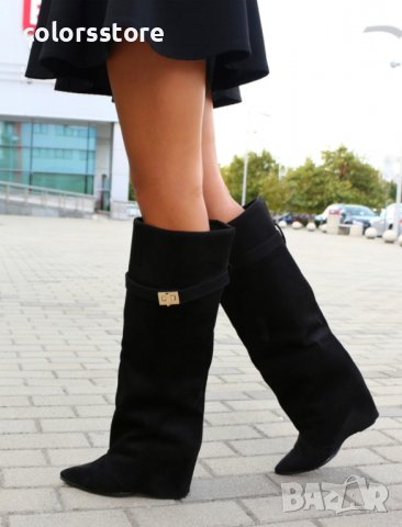 Ботуши на платформа - черен велур - K-40