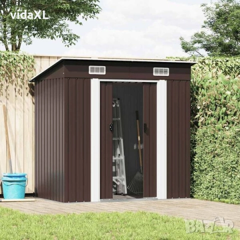 vidaXL Градинска барака за съхранение, кафява, 194x121x181 см, стомана（SKU:47027）, снимка 2 - Други - 53364002