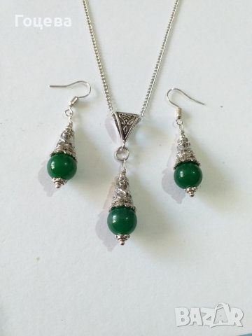 Красив комплект бижута обици и колие с камъни зелен кварц и орнаменти в цвят Сребро стил Антик , снимка 5 - Бижутерийни комплекти - 37838845