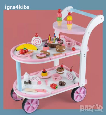 Ново! Голяма дървена количка поднос с кексове и много аксесоари, снимка 4 - Мебели за детската стая - 36927846