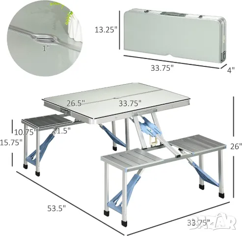  Сгъваема Маса с 4 стола тип куфар за Къмпинг риболов и пикник, алуминиева конструкция