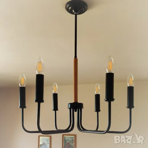 Модерен класически висящ полилей метал с дърво / 6 рамена, снимка 3 - Полилеи - 47675013