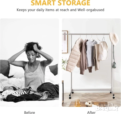 НОВА Закачалка за дрехи с колелца, Хром, снимка 3 - Закачалки - 54217581