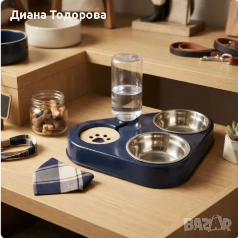 Луксозна двойна купа 3 в 1 за кучета и котки с автоматичен диспенсър за вода 