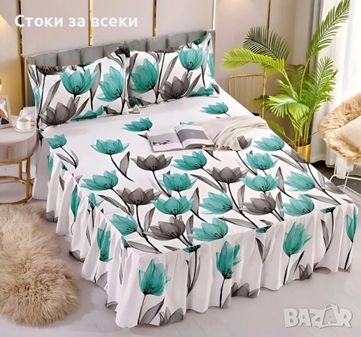 Долен чаршав с драперия и две калъфки , снимка 3 - Спално бельо - 52493144