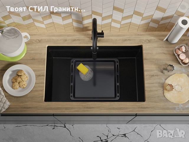 Черна кухненска мивка за вграждане под плот Прага 80 Level 760 x 470 мм