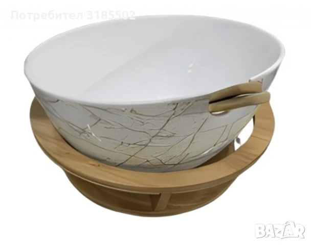 Керамична купа с дървена стойка и мраморен ефект, снимка 2 - Прибори за хранене, готвене и сервиране - 51420612