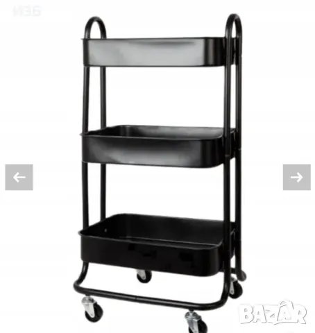 Количка с колелца, Помощен рафт, метална, черна, 3 рафта, 45x34х84см