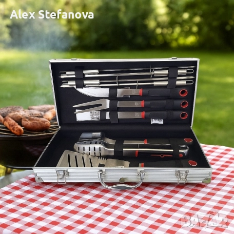 Луксозен комплект от 11 инструмента за барбекю в алуминиев куфар, снимка 3 - Прибори за хранене, готвене и сервиране - 52815228