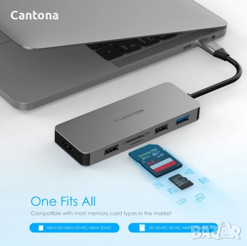 LENTION USB C хъб с 4K HDMI, 3 USB порта, Type C PD, SD/Micro SD адаптер за четец на карти, сребрист, снимка 4 - Други - 38547879