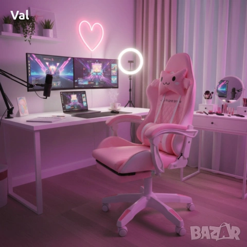 Ергономичен розов геймърски стол с поставка за крака - регулируема облегалка и 2 възглавници 