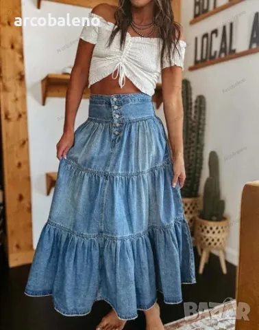 Дамска бохемска A-силуетна дънкова пола, снимка 5 - Поли - 48340126