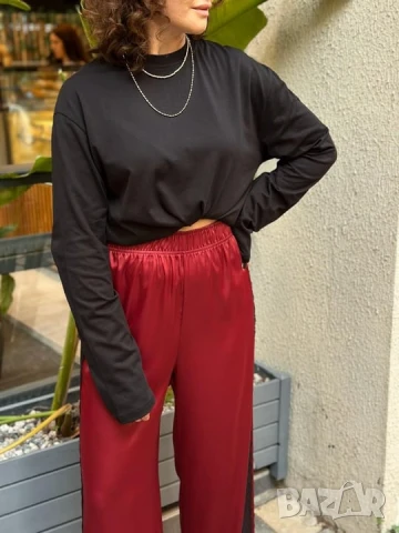 Нов Винено червен Сатениран широк панталон с висока талия ХЛ, снимка 4 - Панталони - 50492581
