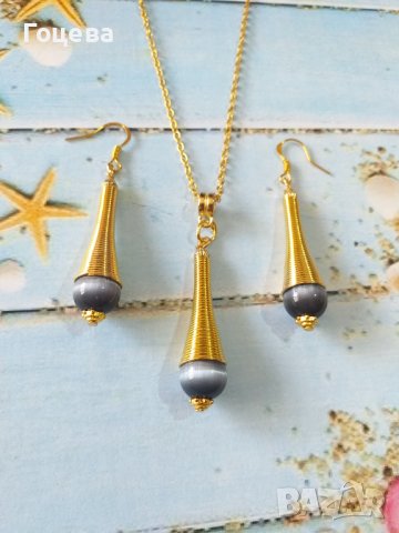 Разкошен и стилен комплект бижута в цвят злато с камъни сив Хризоберил Котешко око , снимка 5 - Бижутерийни комплекти - 38105556