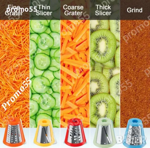 Кухненско електрическо ренде 500W, с 5 приставки за рязане, стъргане, снимка 4 - Кухненски роботи - 48660234