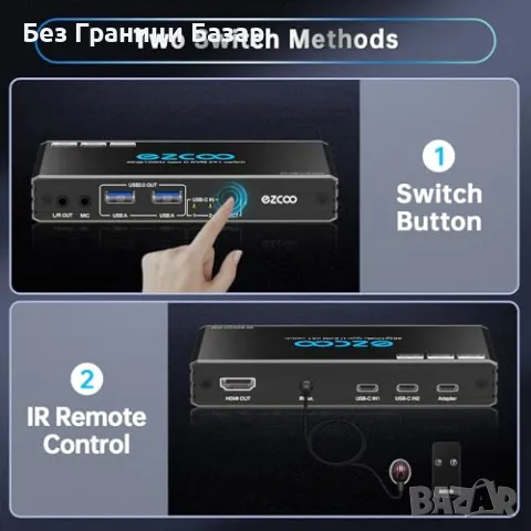 Нов KVM Превключвател 2 Лаптопа 1 Монитор 4K 120Hz USB-C HDMI 2.1, снимка 6 - Друга електроника - 49439577