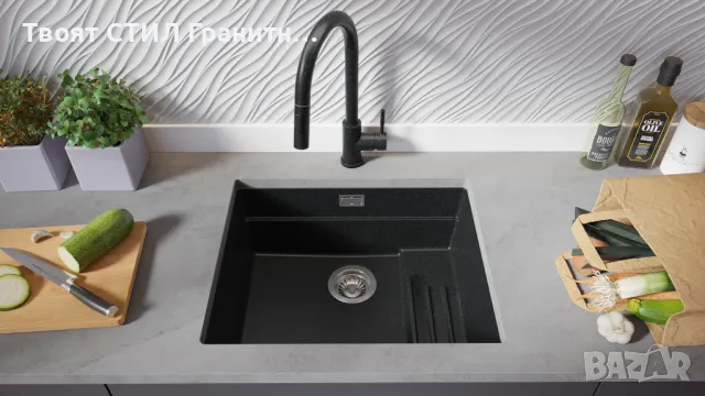 Графит гранитна мивка за вграждане под плот Прага 60 Level 560 x 470 мм, снимка 2 - Мивки - 48751821