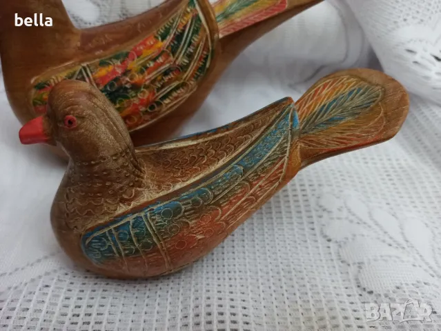 ПРОМО ОБЯВА Комплект 2  стари масивни дървени птици дърворезба ръчно рисувани красиви цветове, снимка 2 - Антикварни и старинни предмети - 47899687
